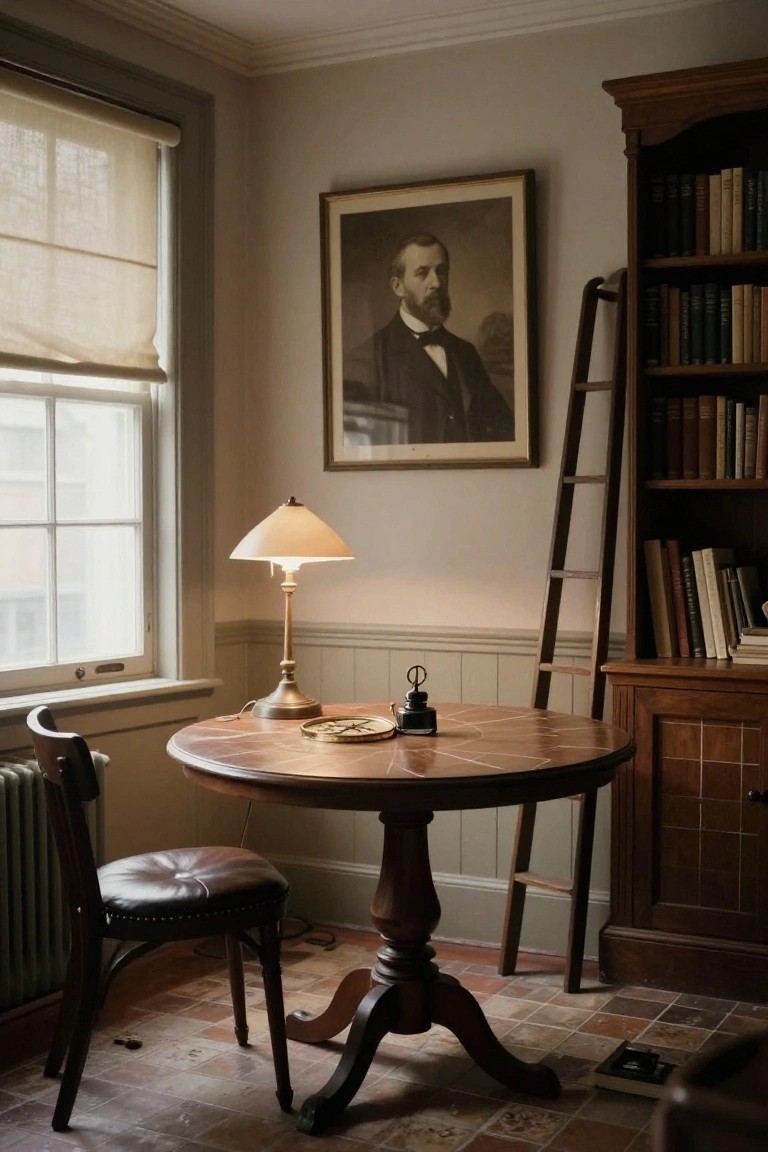 A room interior showing a round wooden table used as a desk, a lit table lamp, a framed portrait on the wall, a wooden chair, and a tall bookshelf with a ladder.