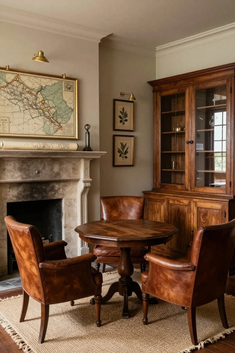 A room interior featuring a round wooden table with three brown leather armchairs, a marble fireplace topped with a large framed map, and a tall wooden cabinet with glass doors.
