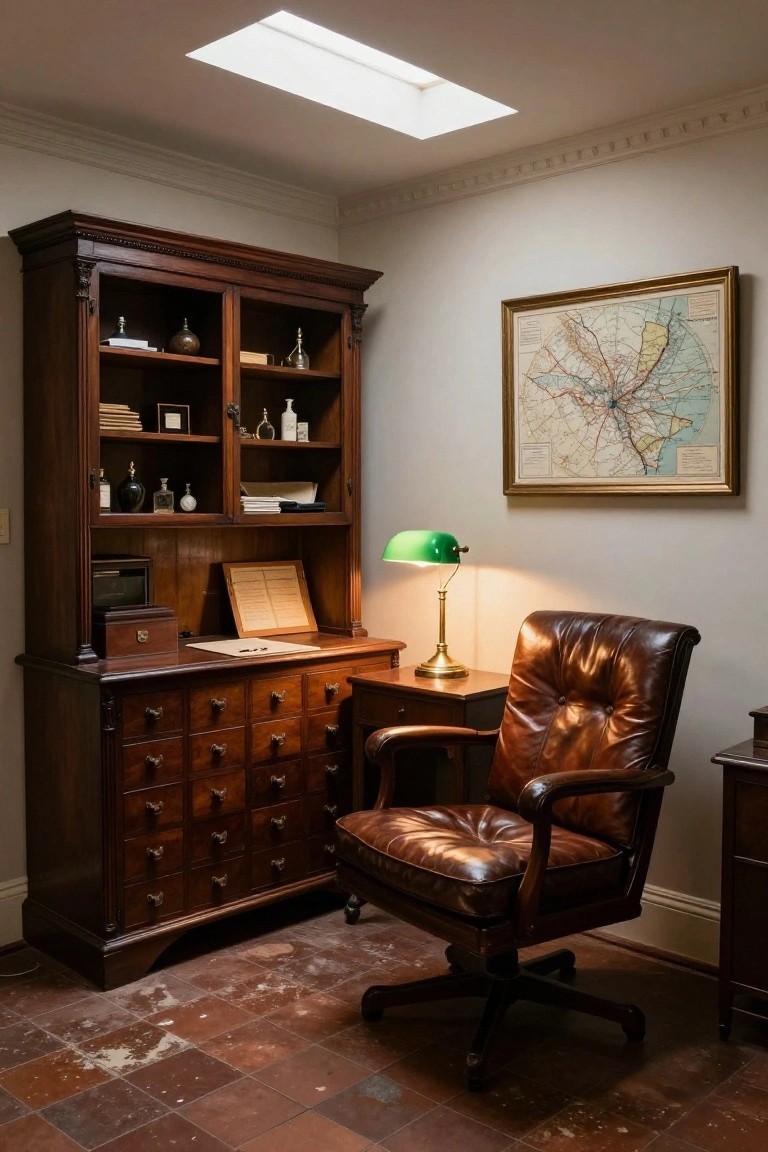Vintage study with dark wood cabinet, leather chair, green lamp, and wall map.