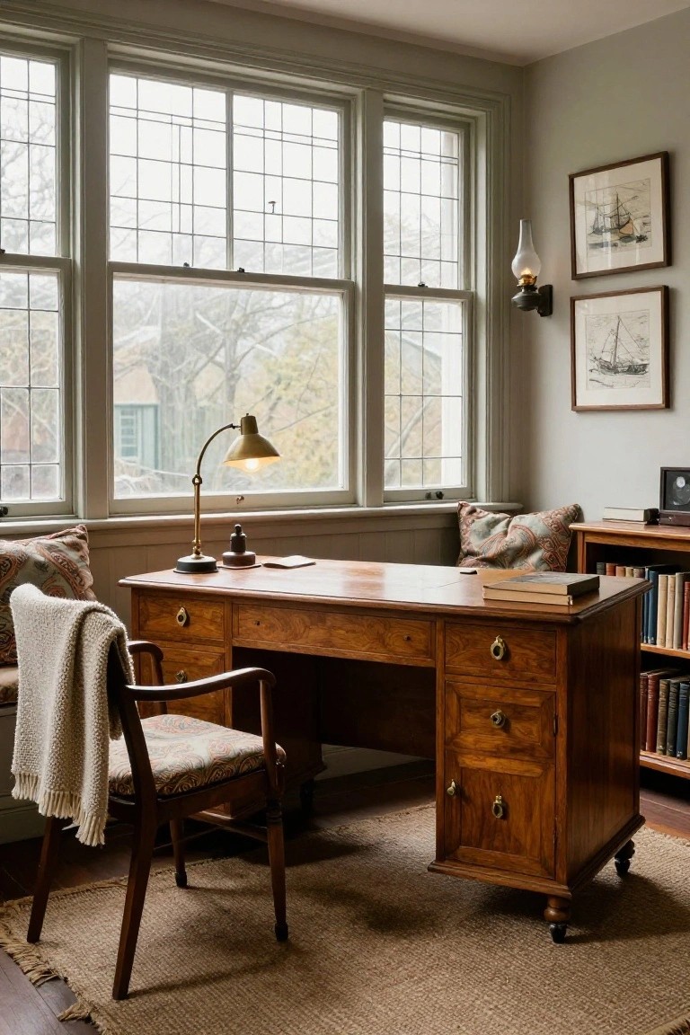 A wooden desk with multiple drawers is positioned in front of large multi-paned windows, with a wooden chair draped with a blanket to the left and framed pictures on the wall to the right.