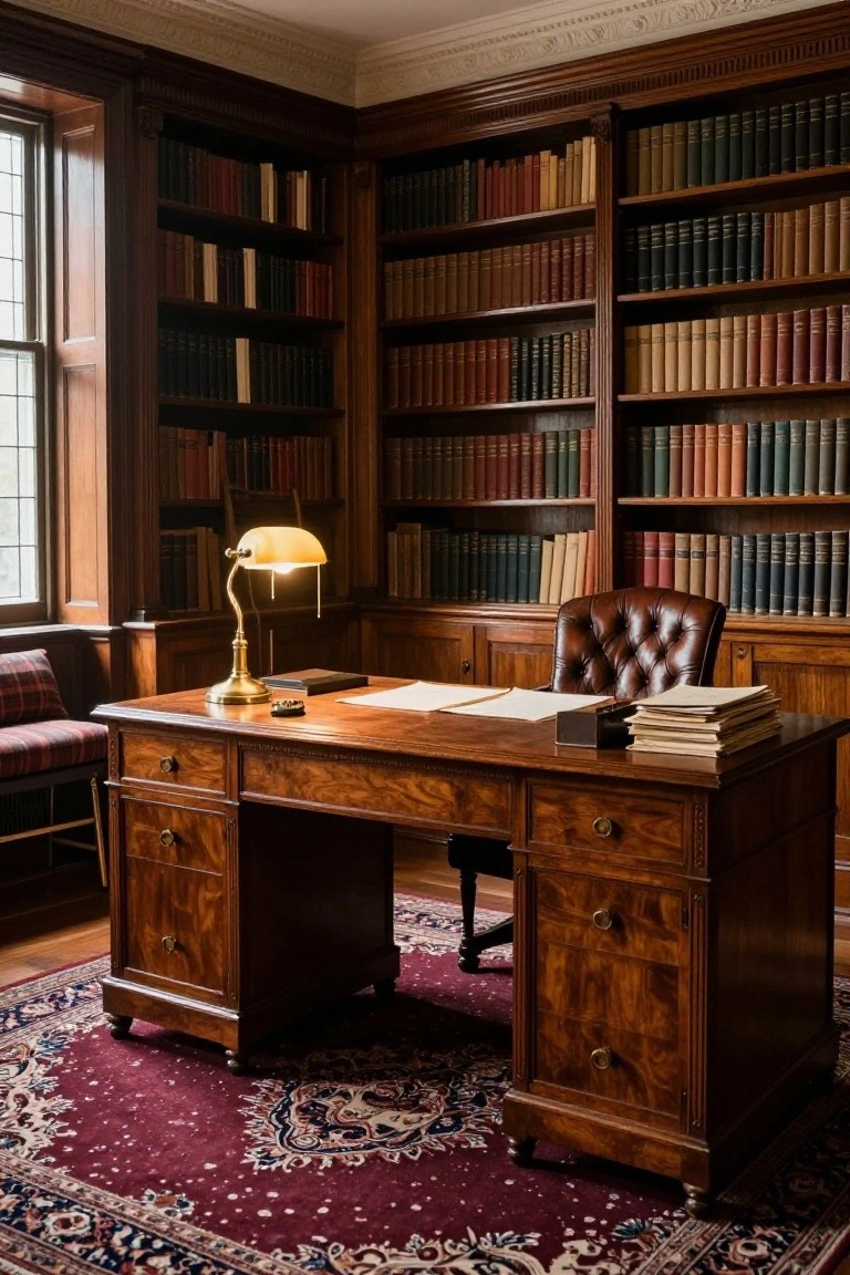 A wooden desk with papers and a brass lamp sits in front of floor-to-ceiling dark wood built-in bookshelves filled with books in a traditional office.
