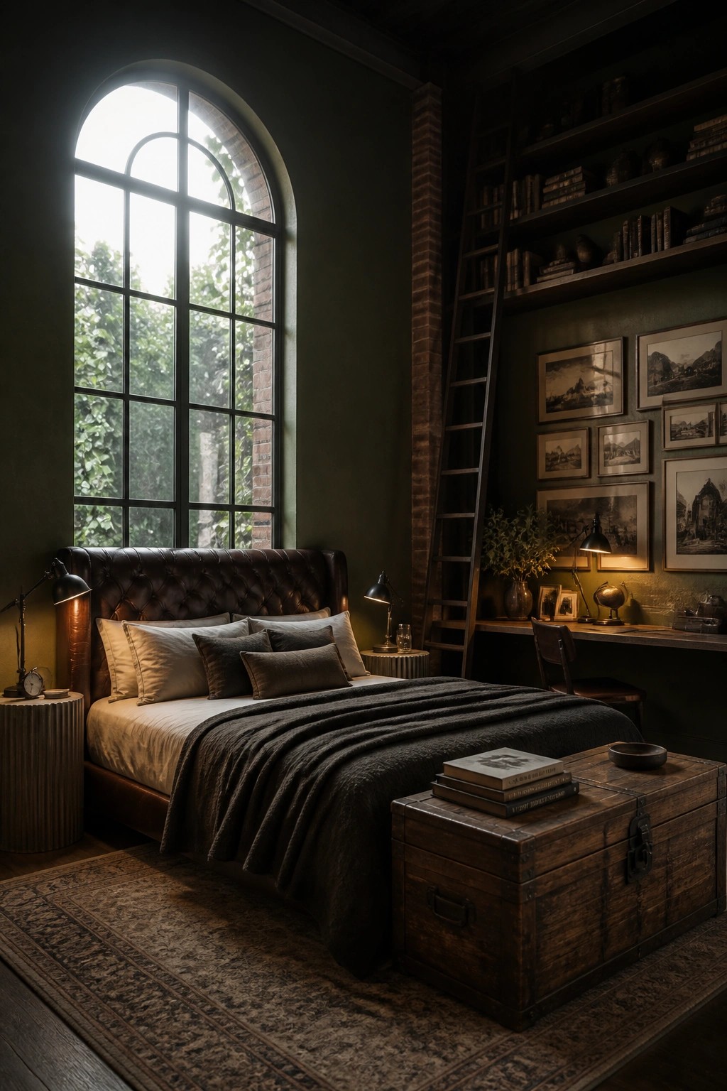 Dark green bedroom with arched window, tufted leather bed, bookshelves, and wooden trunk.