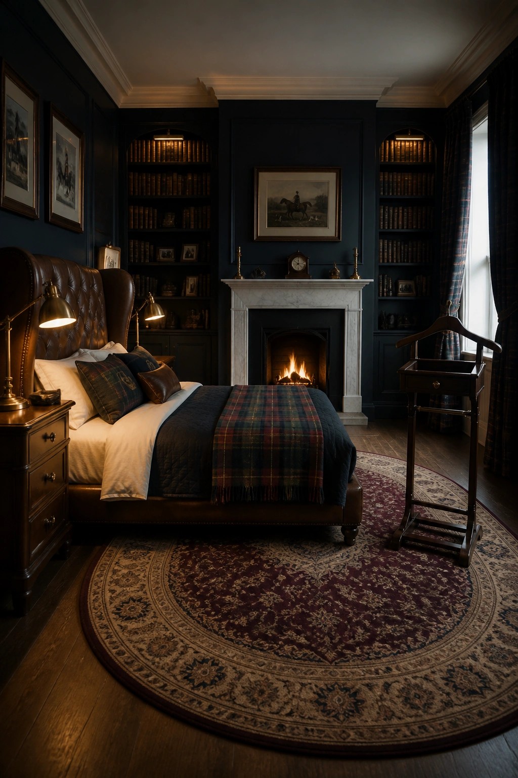 A bedroom with a brown leather bed in front of a fireplace, flanked by dark blue built-in bookshelves filled with books, and a round patterned rug on the floor.