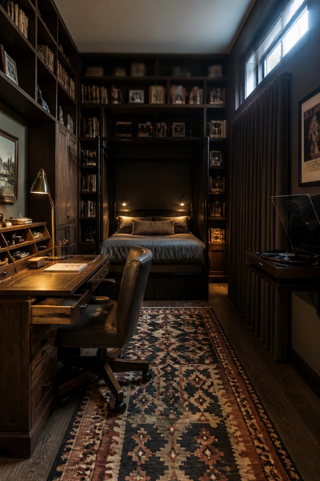 A dark wood bedroom interior with floor-to-ceiling built-in bookshelves, a bed set in an alcove, a wooden desk with leather chair, and a record player on a side table.