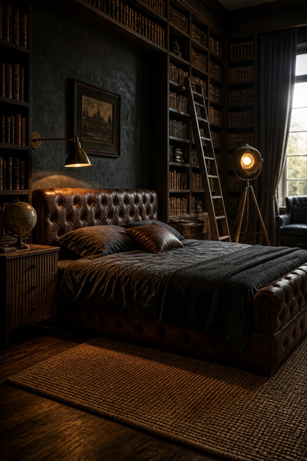 Dark leather bed in a cozy library bedroom with tall bookshelves and ladder