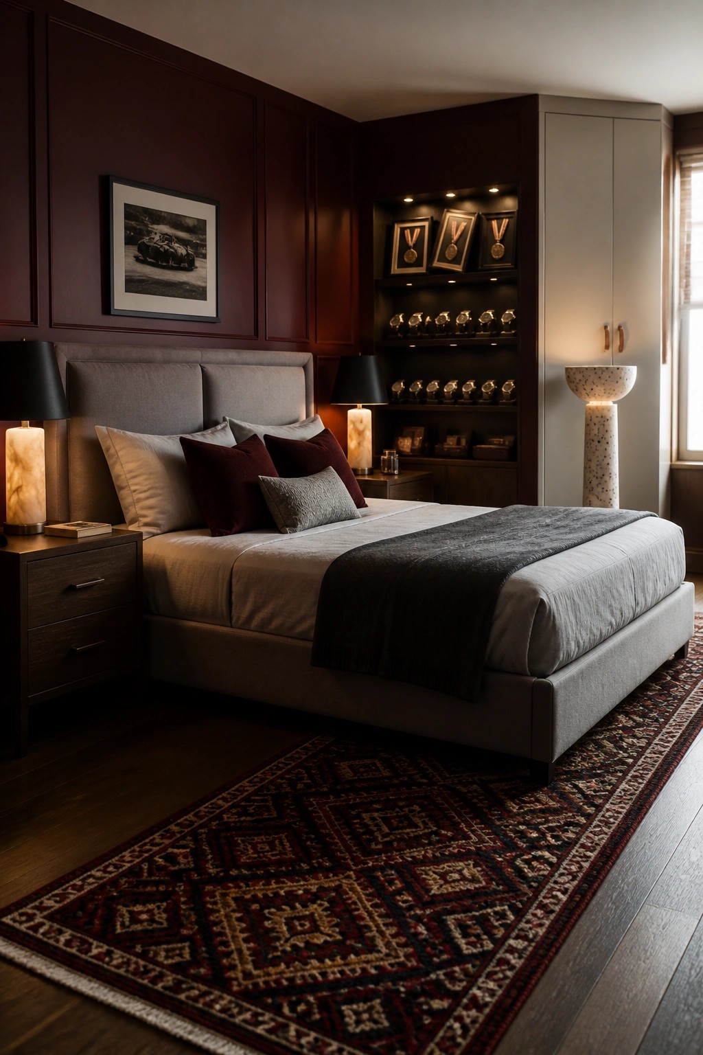 A bedroom with a gray upholstered bed against dark burgundy paneled walls, featuring built-in shelving with displayed medals and watches.