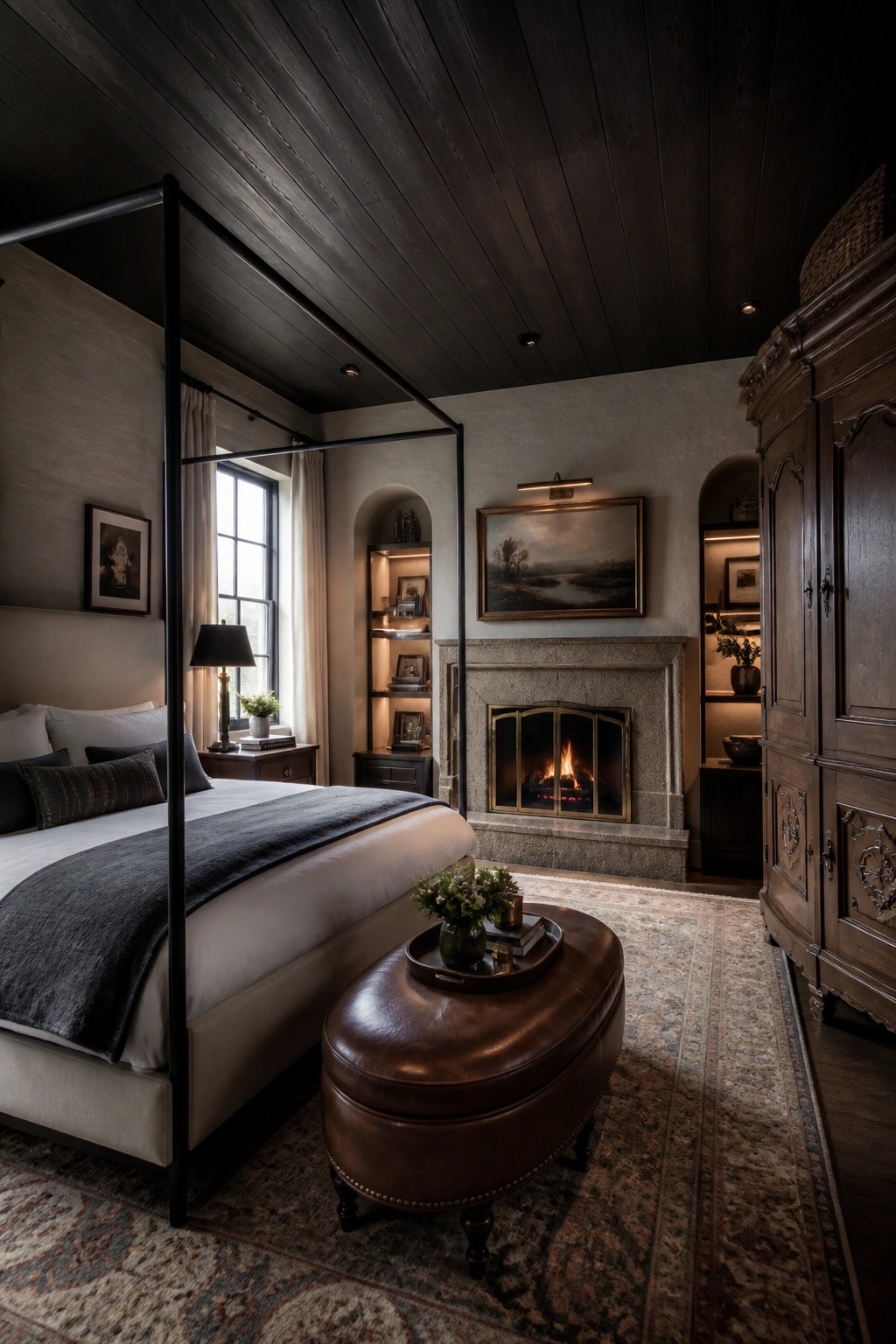 A bedroom featuring a dark wood plank ceiling, four-poster bed, stone fireplace, and brown leather ottoman on a patterned rug.