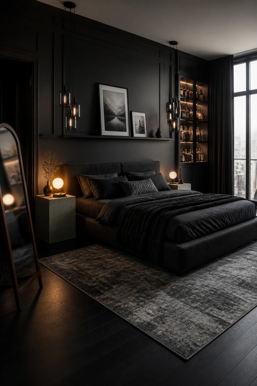 Dark modern bedroom with black bed, pendant lights, rug and illuminated liquor cabinet.