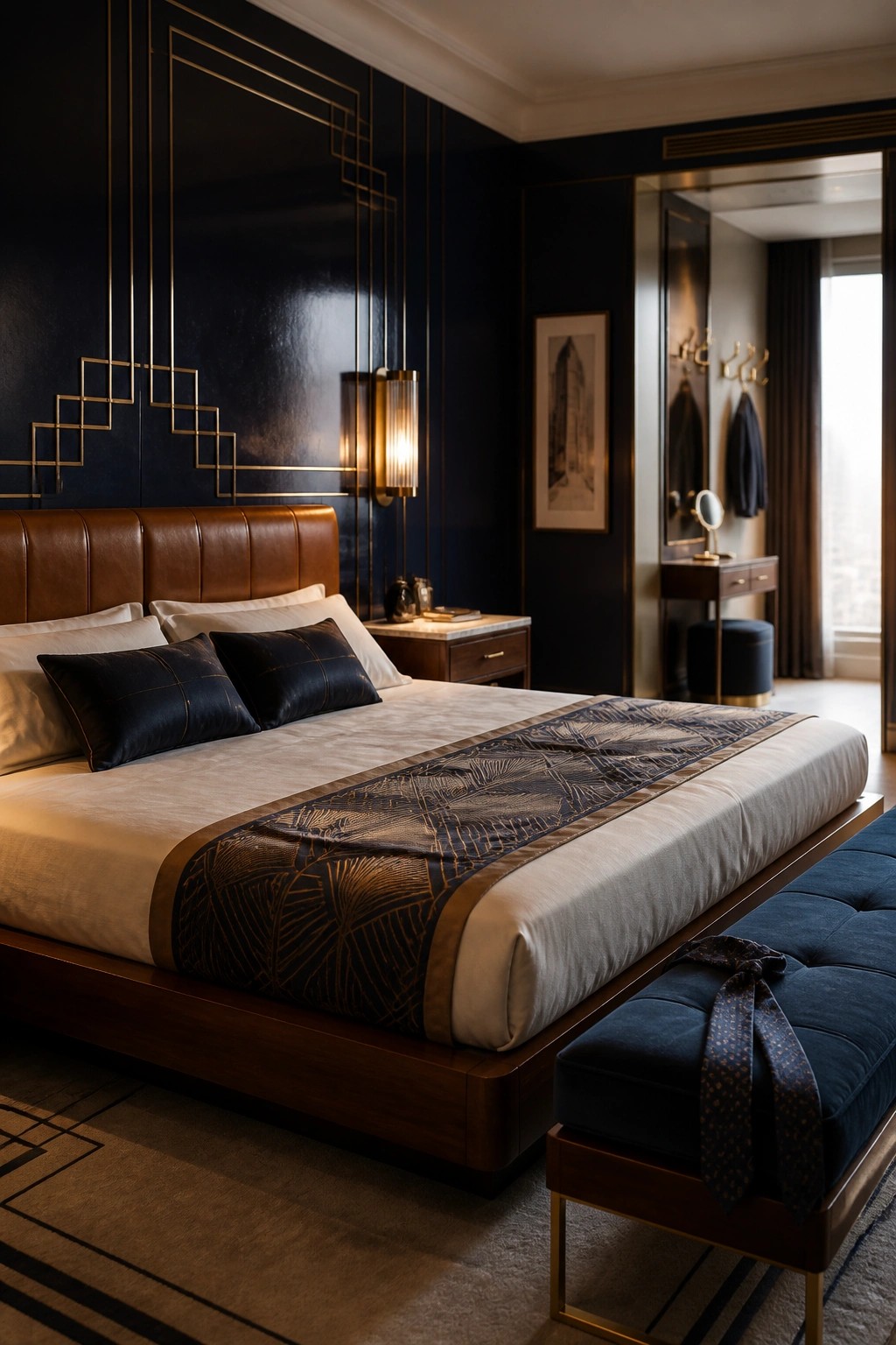 A bedroom with deep navy walls featuring gold geometric lines, a brown leather headboard, white bedding with dark pillows, and a blue velvet bench at the foot of the bed.