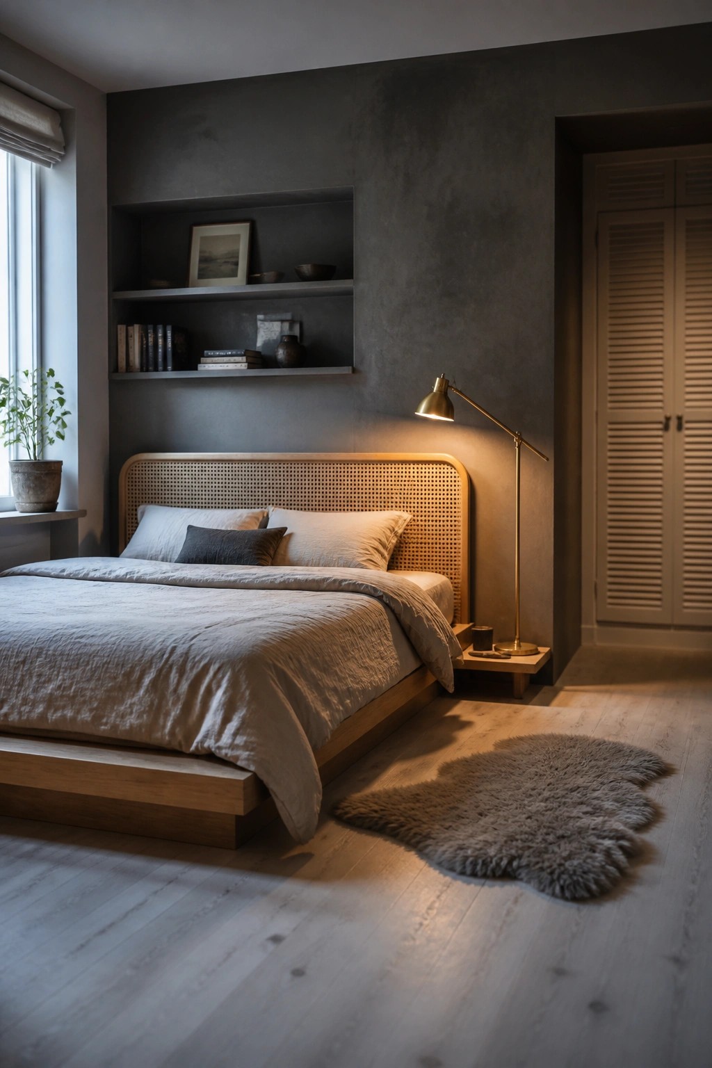Modern bedroom with cane headboard bed, lit brass lamp, and gray fur rug.