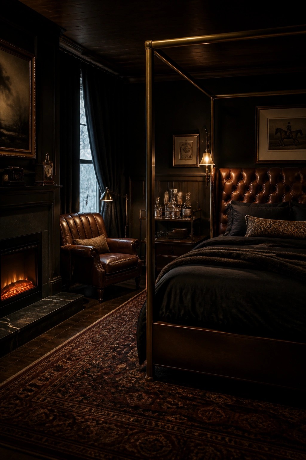 A dark bedroom with a four-poster bed featuring a tufted brown leather headboard, a matching leather armchair beside a fireplace, and a patterned rug covering the floor.