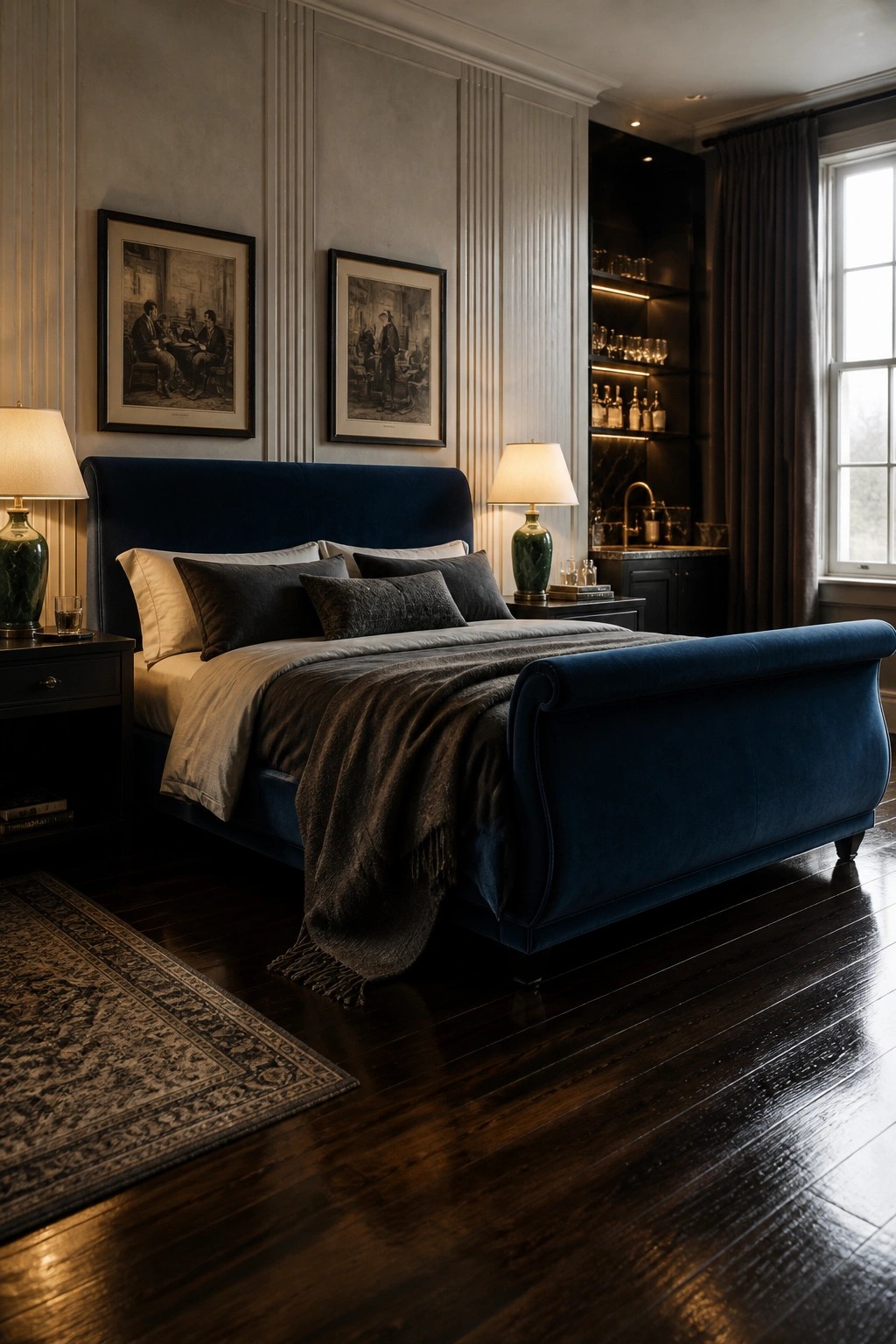 A bedroom with a large blue velvet sleigh bed, dark bedding, two bedside lamps, framed art on paneled walls, and a dark wood floor with a rug.