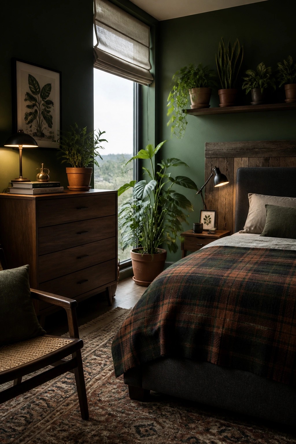 A bedroom interior with deep green walls, a large window with a roller shade, a dark wood dresser, a bed with a plaid blanket, and multiple potted plants on shelves and the floor.