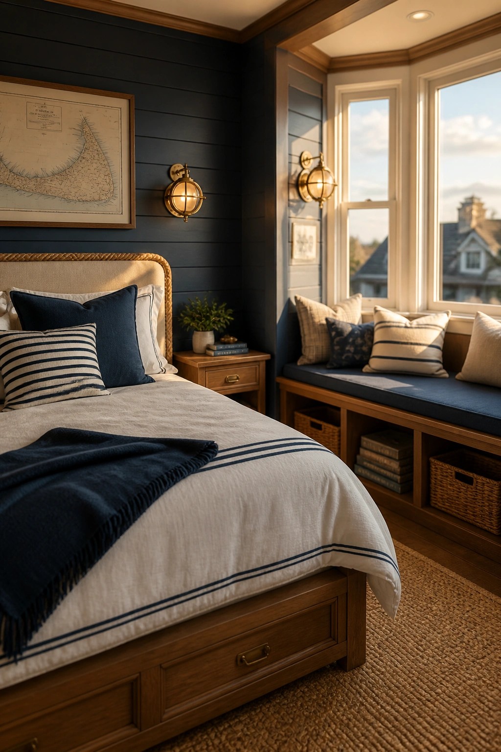 A bedroom featuring a wooden bed with white and navy bedding, a dark blue wall with a framed nautical map and brass sconces, and a built-in window seat with blue cushions and storage cubbies.