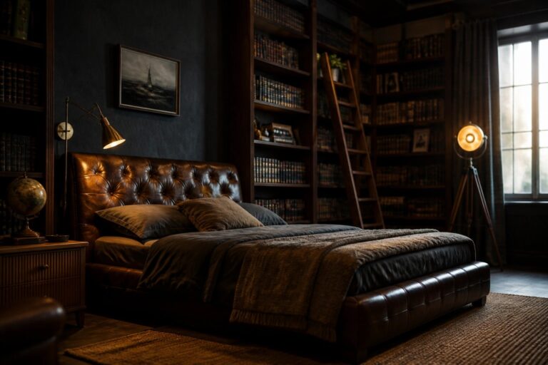 18 Bold Gentleman Bedroom Ideas That Make a Strong Statement Dark leather bed in a cozy library bedroom with tall bookshelves and ladder