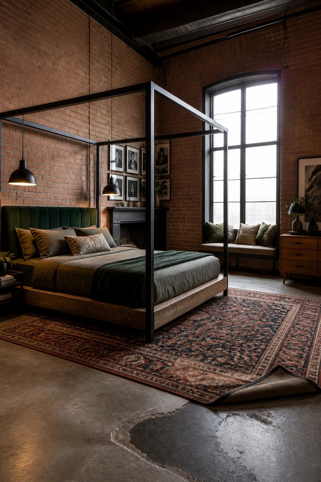 Industrial loft bedroom with dark canopy bed, green velvet headboard, brick walls, and patterned rugs
