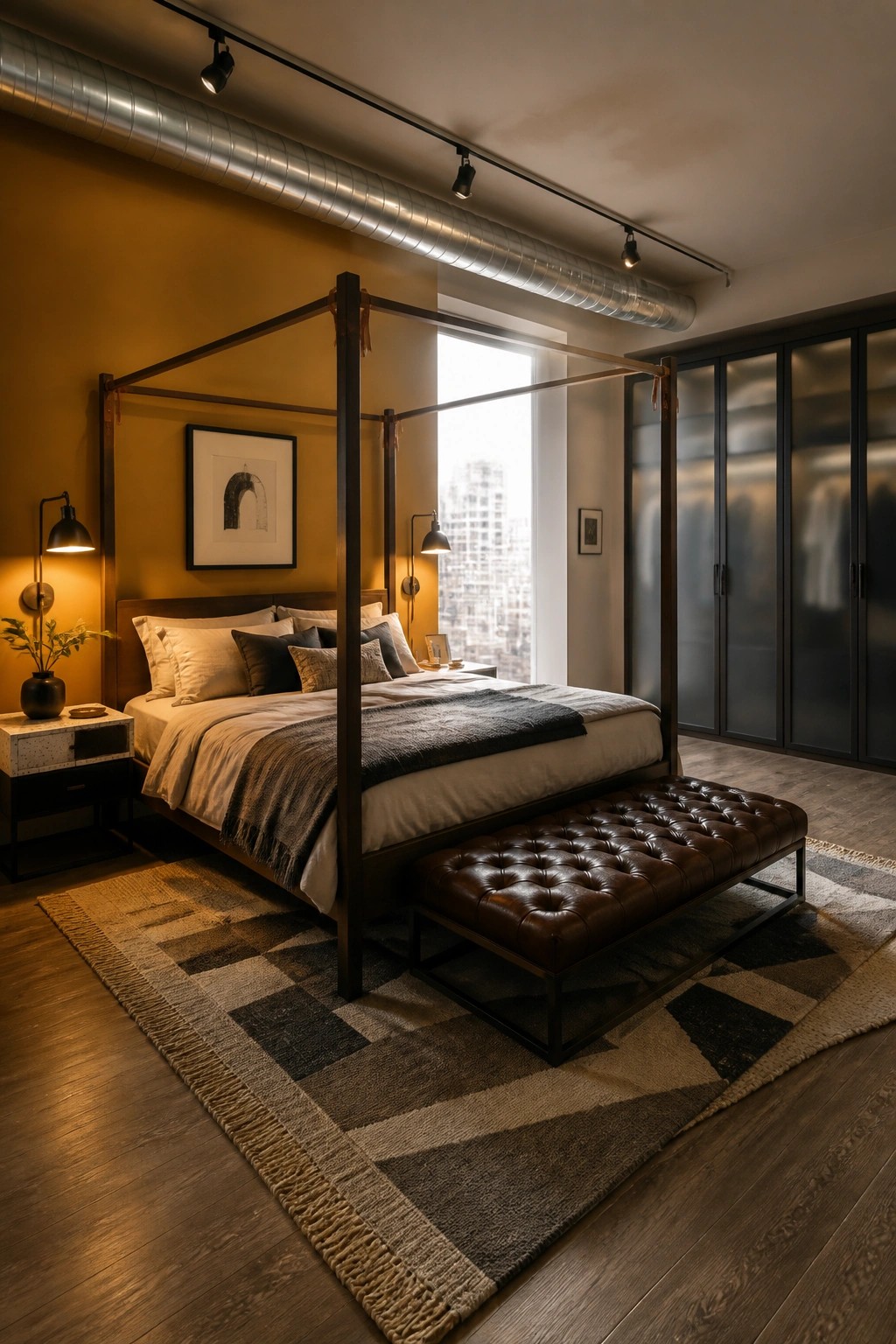 A bedroom featuring a dark four-poster canopy bed with white and gray bedding, a brown leather tufted bench at the foot, and a mustard yellow accent wall.