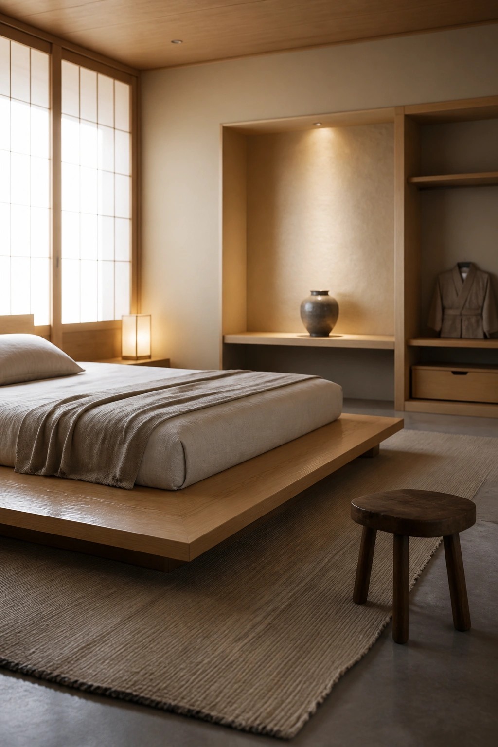 A minimalist bedroom with a low wooden platform bed covered in beige linen, placed on a large woven rug beside shoji screens and built-in wooden shelving.