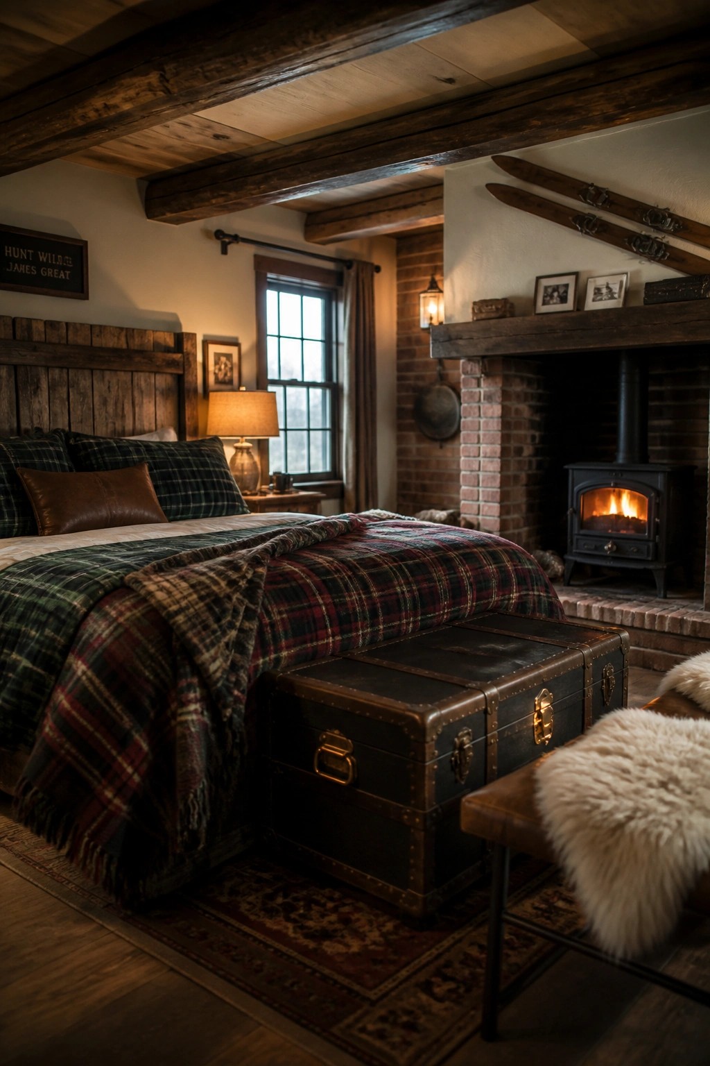 A bedroom with plaid bedding on the bed, dark wooden trunks at the foot, exposed ceiling beams, and a brick fireplace with a wood stove.