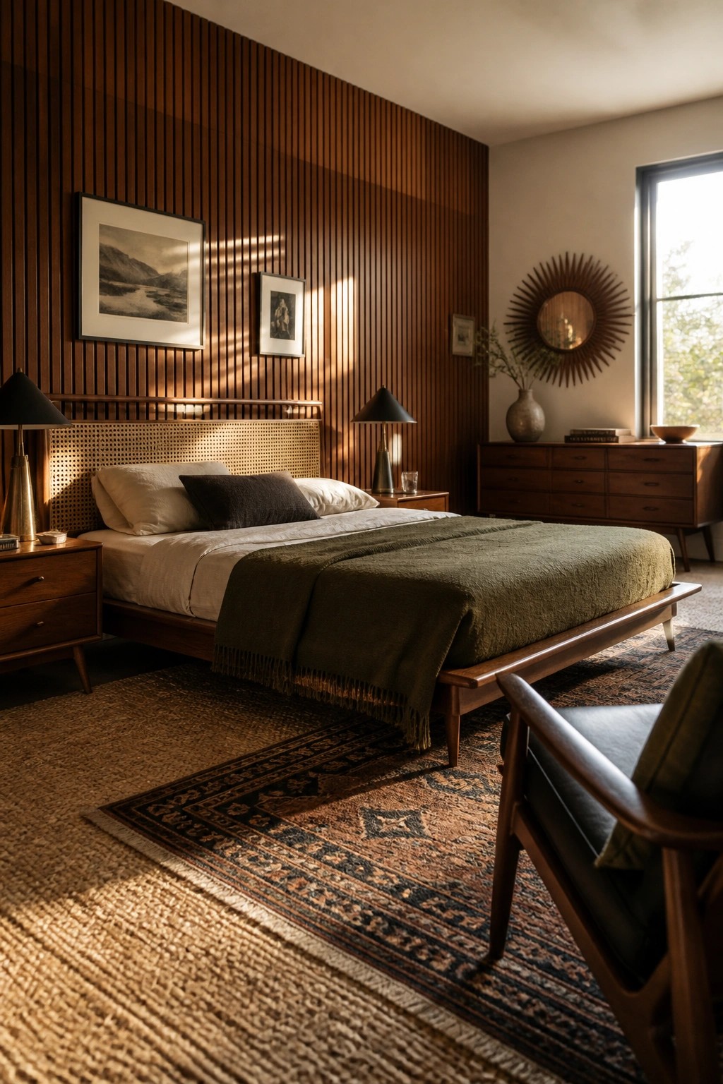 A bedroom with a dark wood slat accent wall behind a wooden bed with a cane headboard, layered rugs on the floor, and a window on the right.