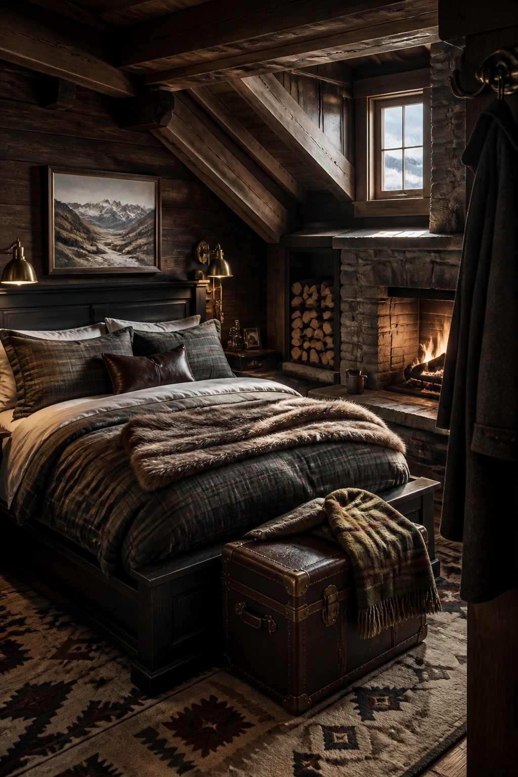 A dark wood bedroom with plaid bedding, a fur throw, a lit stone fireplace, and a leather trunk at the foot of the bed.