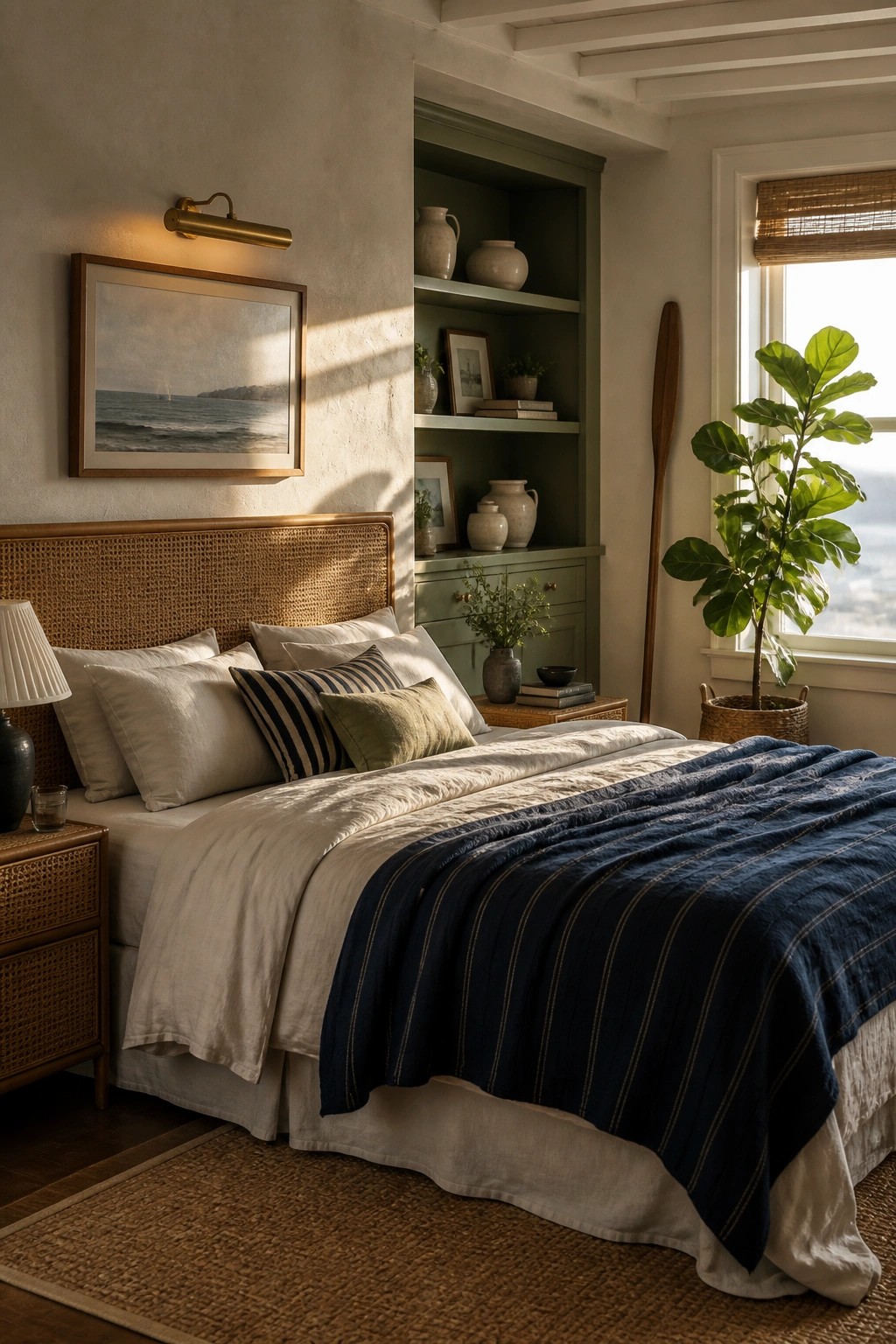 A bedroom with a rattan headboard, white bedding topped by a navy striped throw, built-in green shelving, and a potted fiddle leaf fig near the window.
