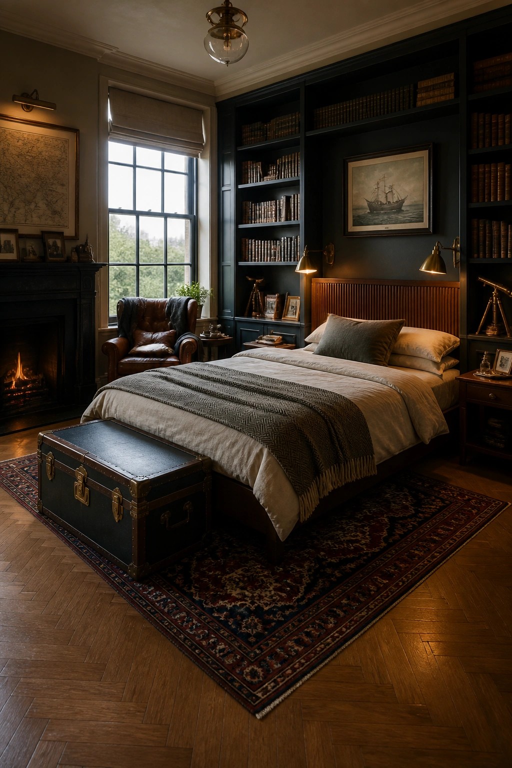 Cozy dark blue bedroom with bookshelves, bed on rug, fireplace, and vintage trunk