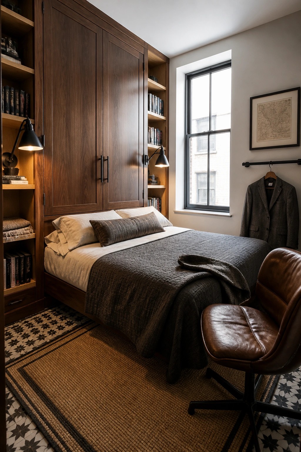 A bedroom featuring a bed centered beneath dark wood built-in cabinets and bookshelves, with a brown leather swivel chair in the foreground.