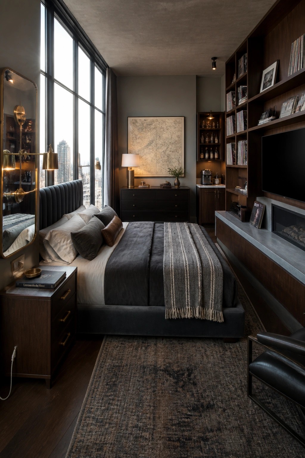 A bedroom featuring a large bed with gray bedding, tall black-framed windows, a dark wood built-in unit with bookshelves, a television, and a fireplace.