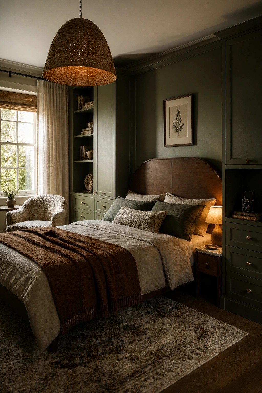 A bedroom with a wooden bed, green walls and matching built-in cabinetry, a large woven pendant light, and a rug on the wood floor.
