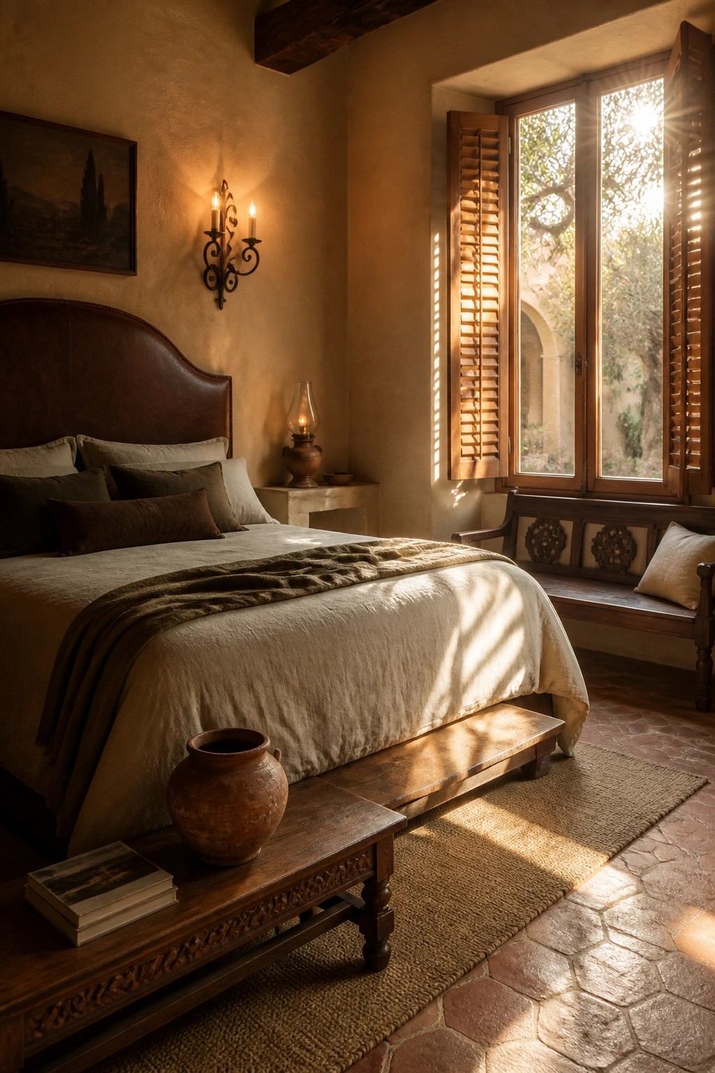 A bedroom with a brown leather headboard, wooden benches at the foot of the bed, and sunlight coming through open shutters.