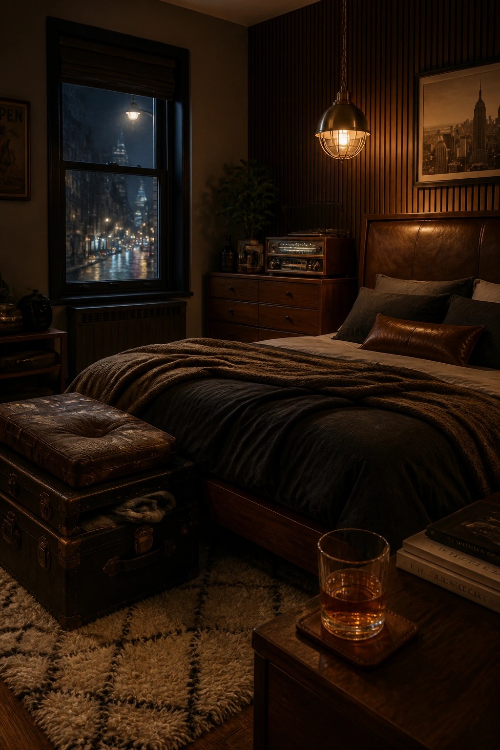 Cozy dark bedroom with leather bed, vintage suitcases, whiskey glass, and rainy city view.