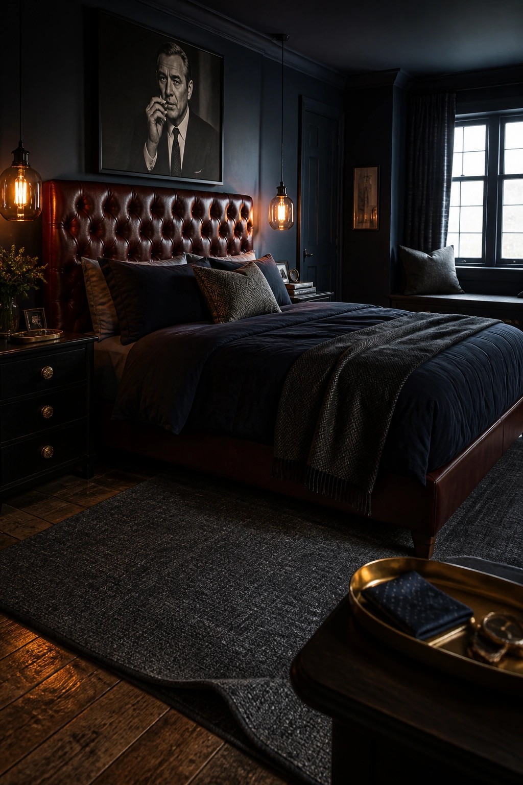 A bedroom with dark navy walls, a brown leather tufted headboard, dark bedding, and two pendant lights hanging over the bed.