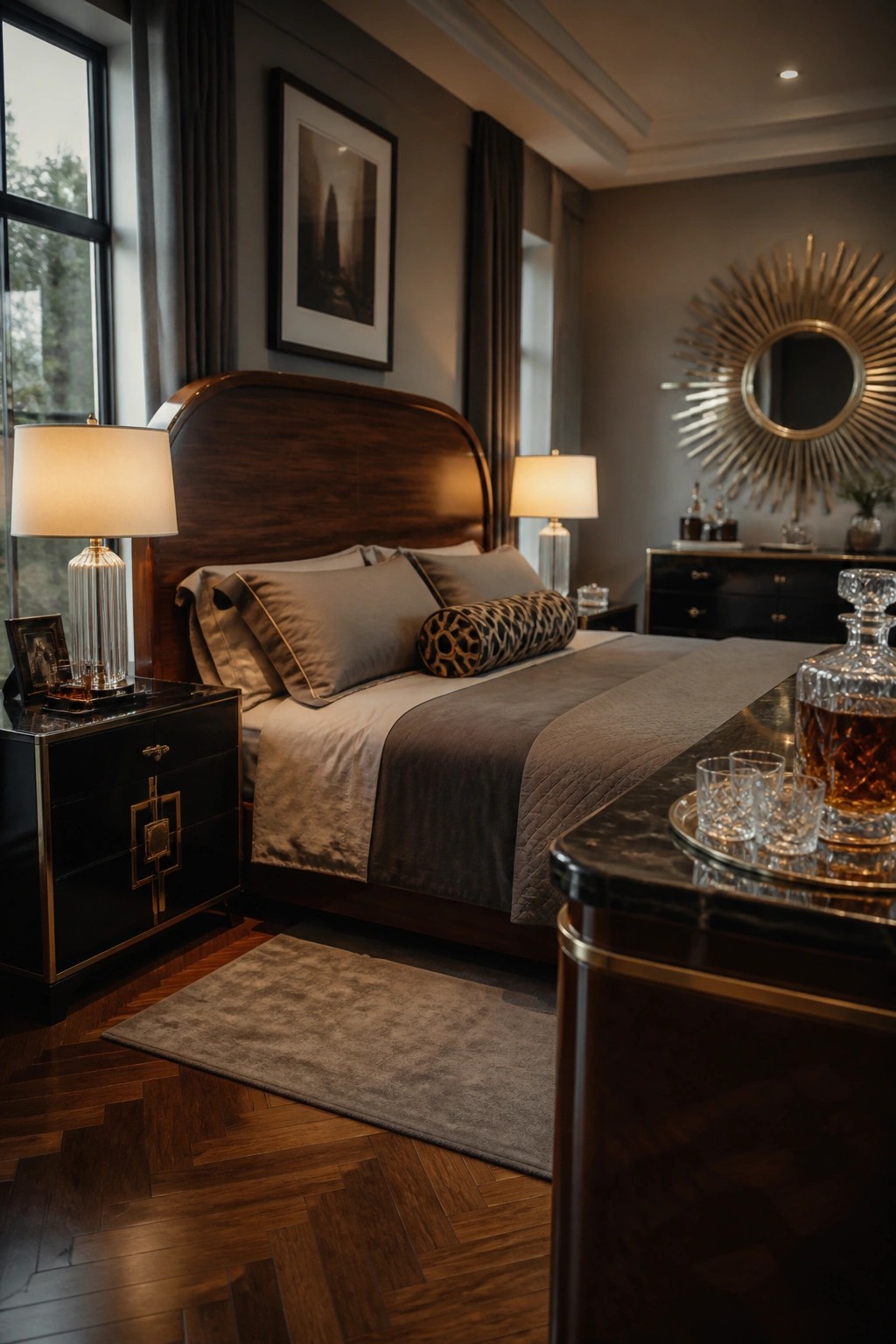 A bedroom with a large dark wood bed, gray bedding, black nightstands with gold accents, and a marble table holding crystal decanters and glasses in the foreground.