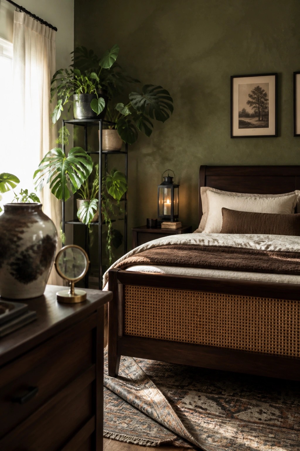 A bedroom with deep green walls, a dark wood bed with cane side panels, layered neutral bedding, a black plant stand holding several large leafy plants, and a patterned rug on the floor.