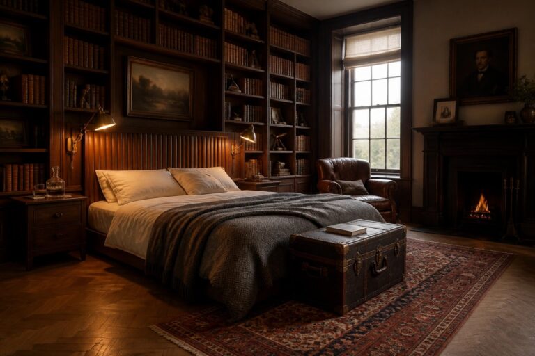 18 Comfortable Gentleman Bedroom Ideas for a Relaxed Polished Feel Cozy dark blue bedroom with bookshelves, bed on rug, fireplace, and vintage trunk