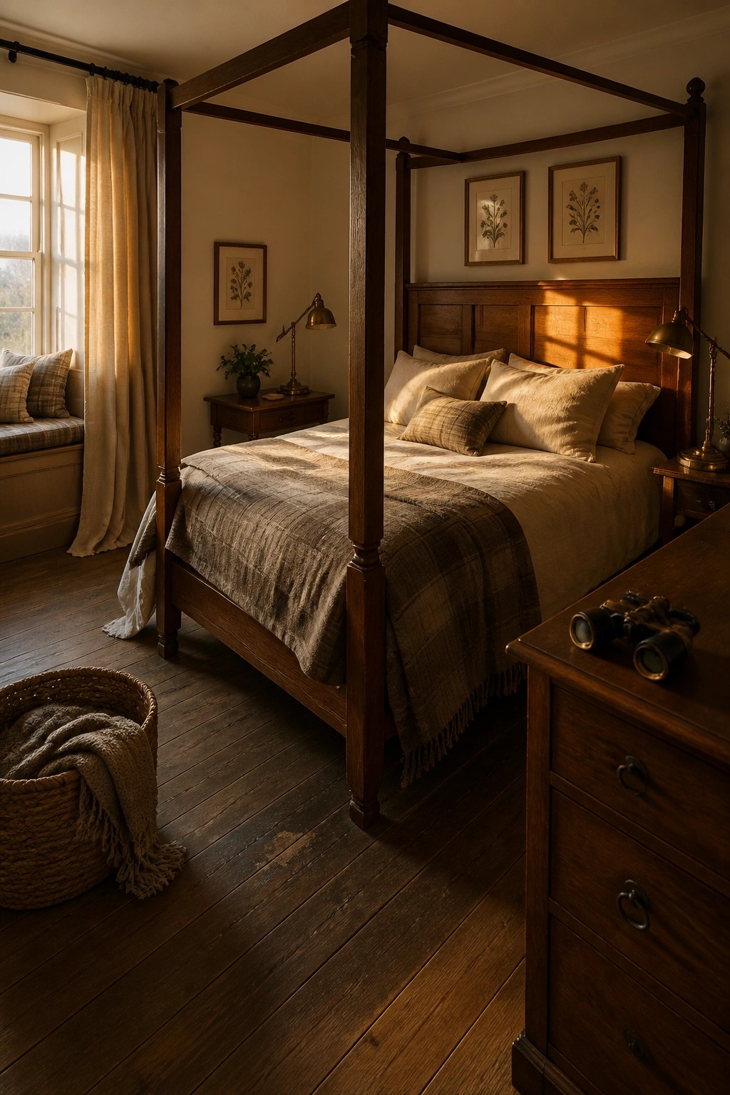 A wooden four-poster bed with neutral bedding and plaid pillows in a sunlit bedroom with dark wood nightstands, lamps, and botanical prints on the wall.