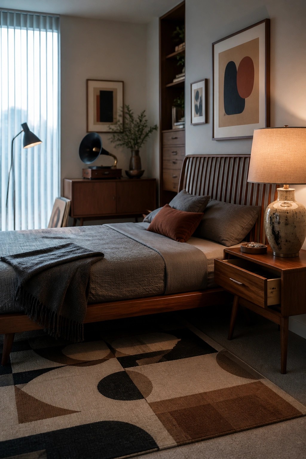A bedroom featuring a wooden bed with gray and brown bedding, a large geometric patterned rug in earth tones, and a wooden nightstand with a ceramic lamp.