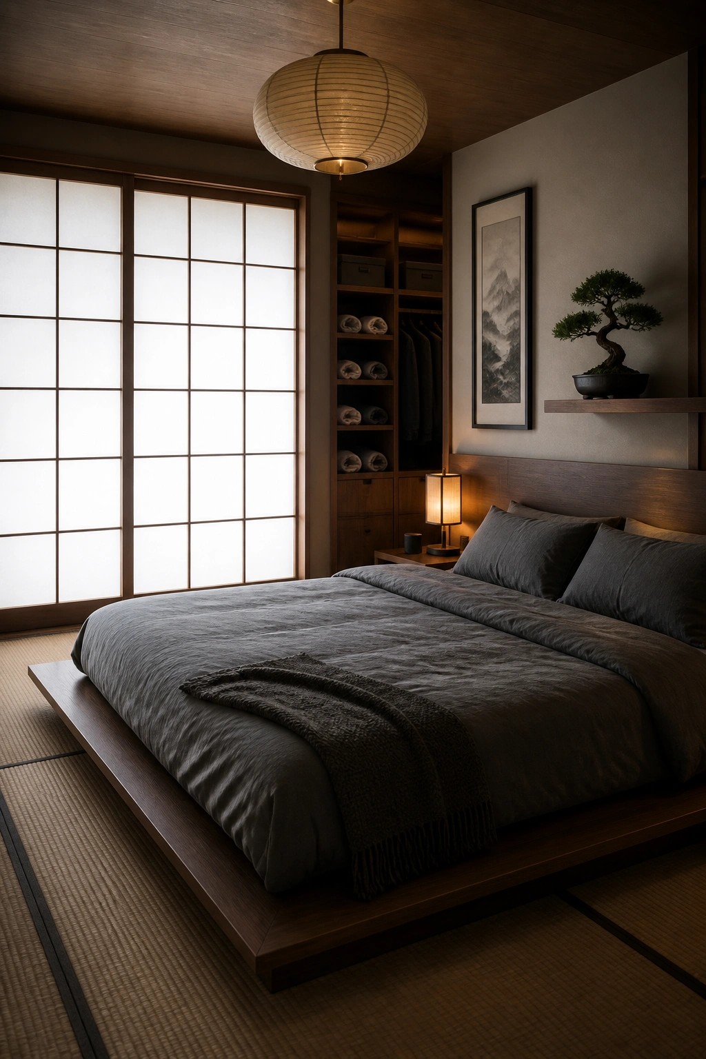 A minimalist Japanese-style bedroom with a low wooden platform bed covered in dark gray bedding, tatami mats on the floor, shoji screens, a hanging paper lantern, and a bonsai on a wall shelf.