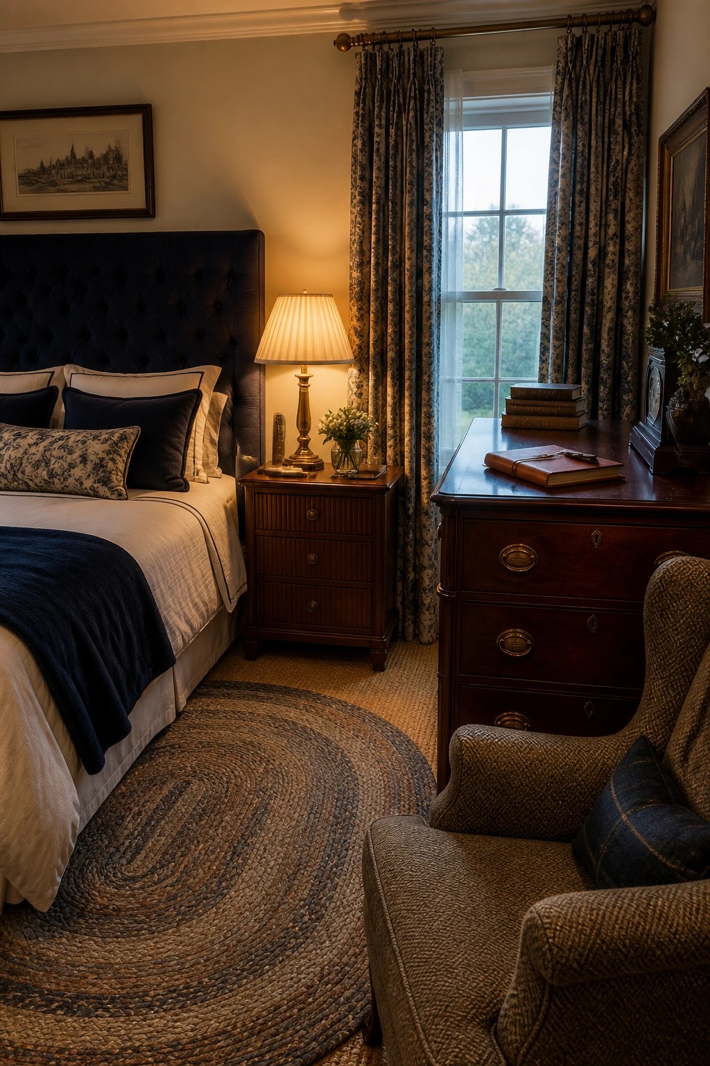 Cozy bedroom with navy tufted bed, wooden furniture, floral curtains, and braided rug.