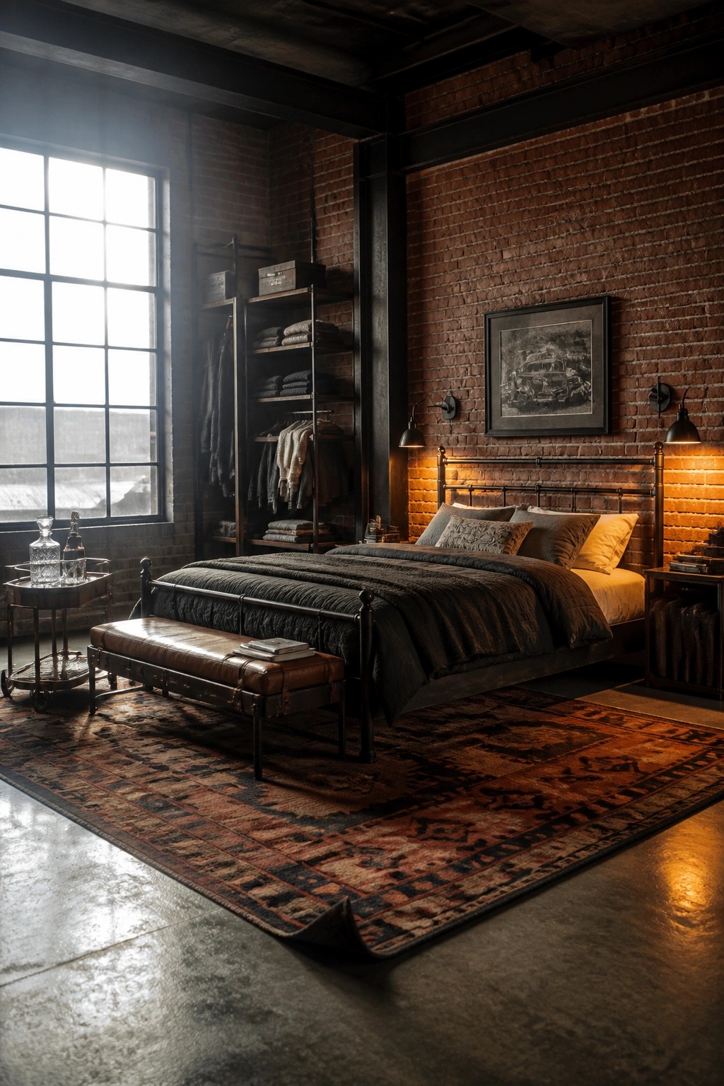 Industrial bedroom with brick walls, metal bed, leather bench, open closet, and rug