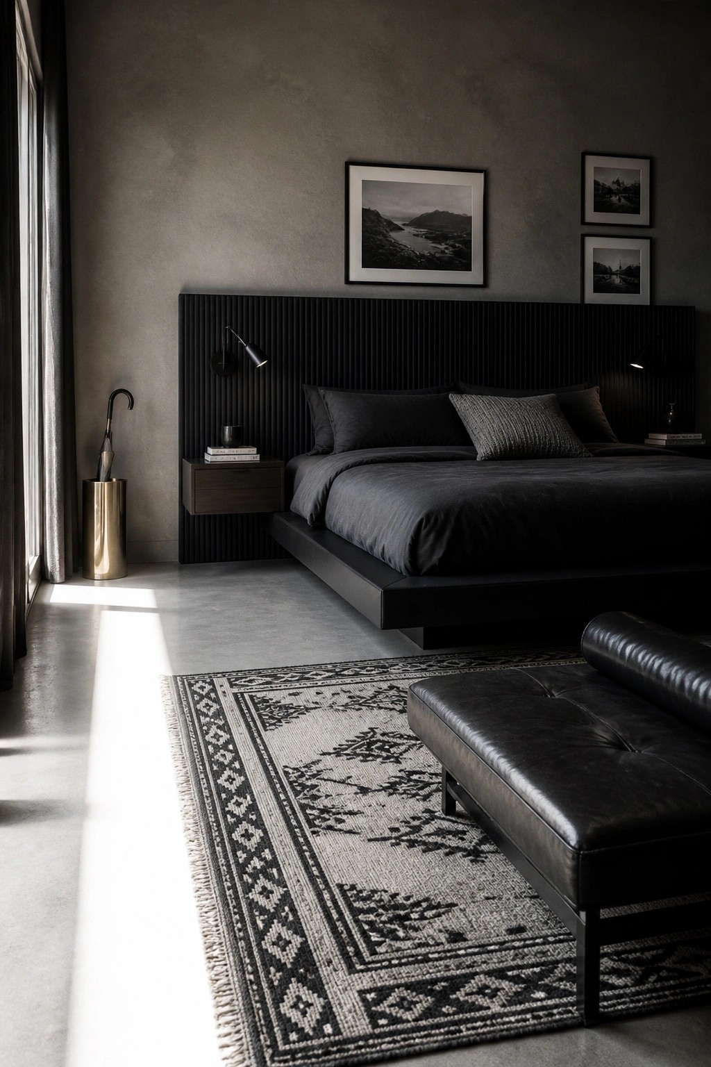 A modern bedroom featuring a large black bed with matching bedding, a tall slatted headboard wall, floating nightstands, wall sconces, framed black and white photos, a leather bench, and a patterned rug on a concrete floor.