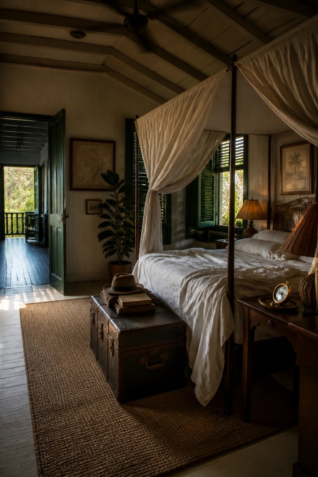 A bedroom interior featuring a four-poster bed with white linens and canopy, a dark vintage trunk at the foot of the bed holding books and a hat, and green shutters on the windows.
