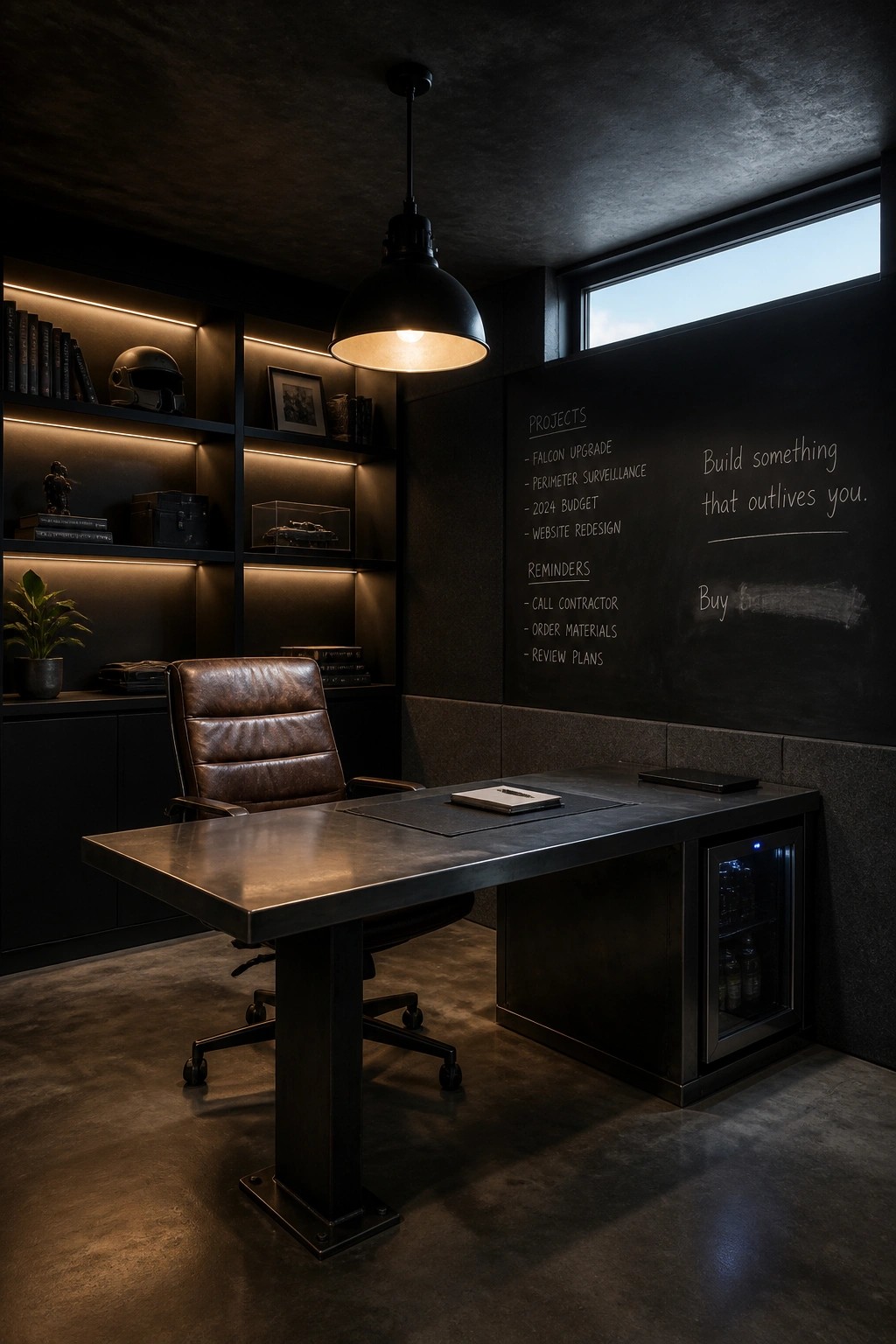 A dark masculine home office with a metal desk, brown leather chair, and a large chalkboard wall showing project lists and a quote.