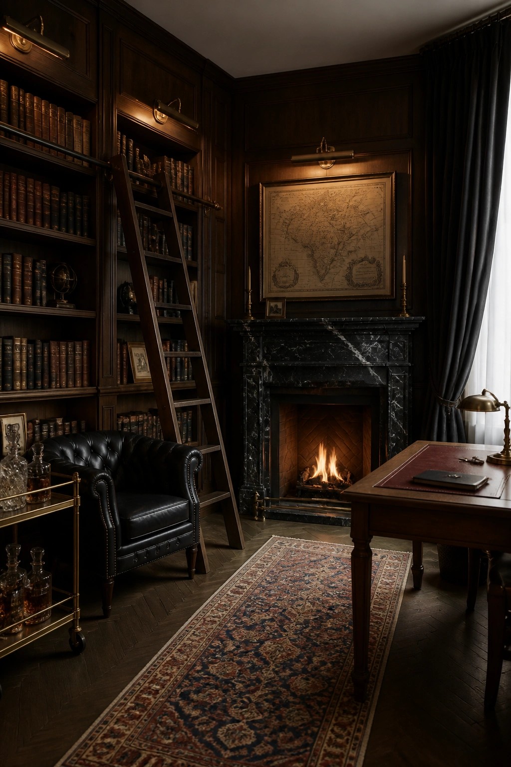 A dark wood paneled home office with floor-to-ceiling bookshelves, a rolling wooden ladder, a black marble fireplace with a large map above it, a leather armchair, and a wooden desk on a patterned rug.