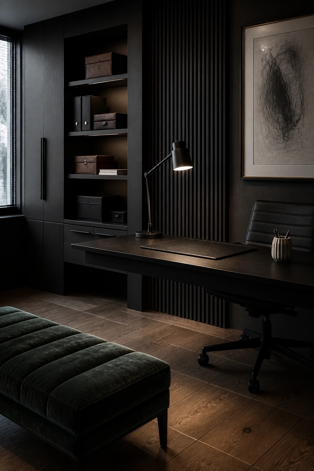 A dark masculine home office with built-in black shelving, a floating desk, black leather office chair, and a green velvet ottoman on wood flooring.