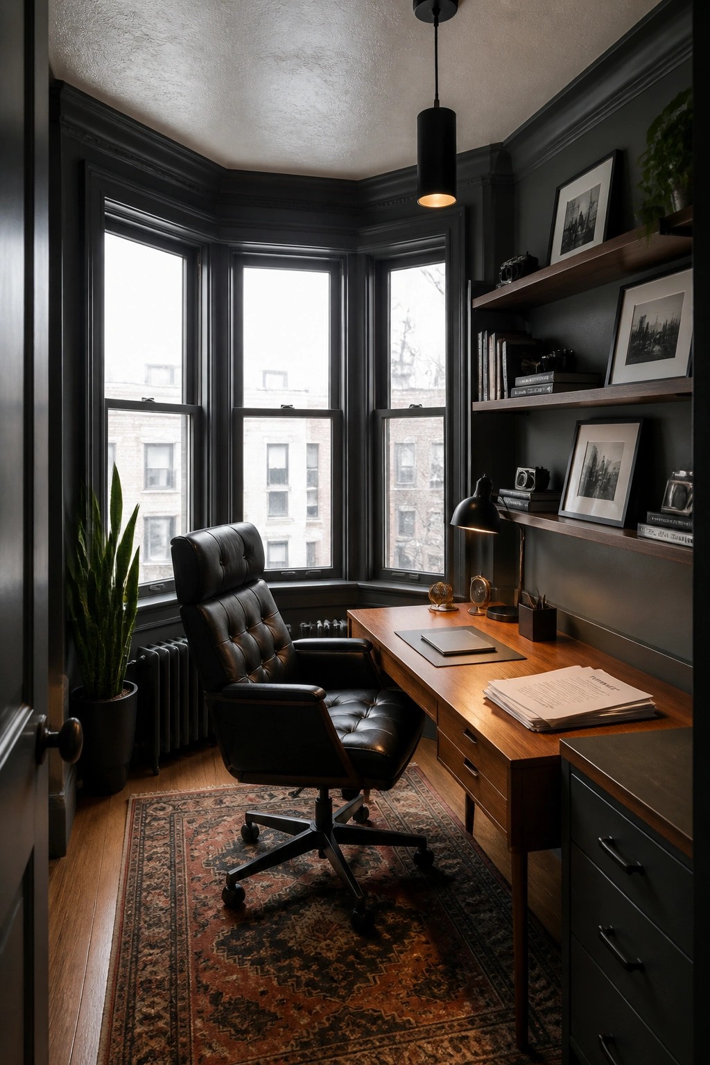Interior view of a home office with dark painted walls and trim, a wooden desk, black leather office chair, and a bay window with floating shelves on the right wall.