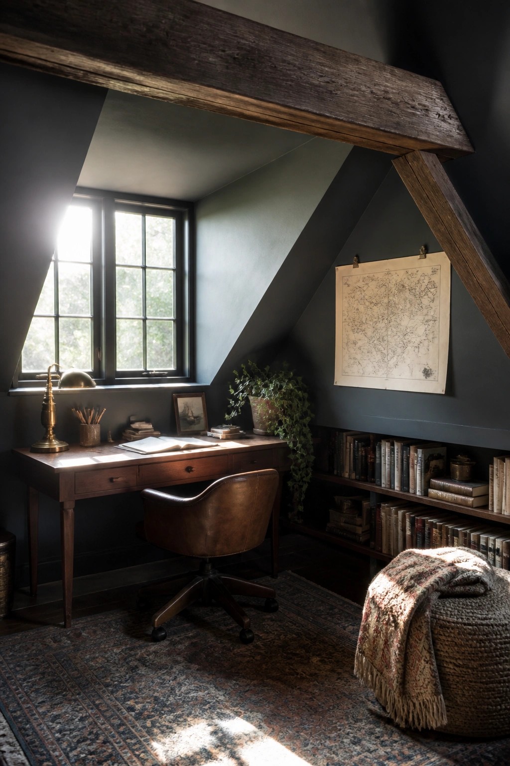 A home office with dark green walls, a wooden desk positioned under a window, a brown leather chair, and built-in bookshelves along one wall.