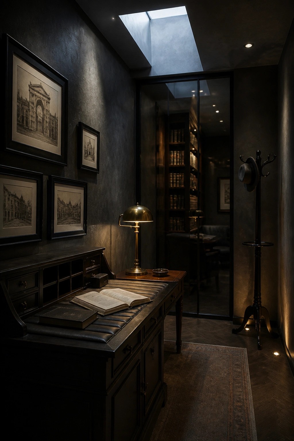 A dimly lit home office featuring a dark wooden desk with an open book and brass lamp, framed architectural prints on textured dark walls, and a skylight overhead.