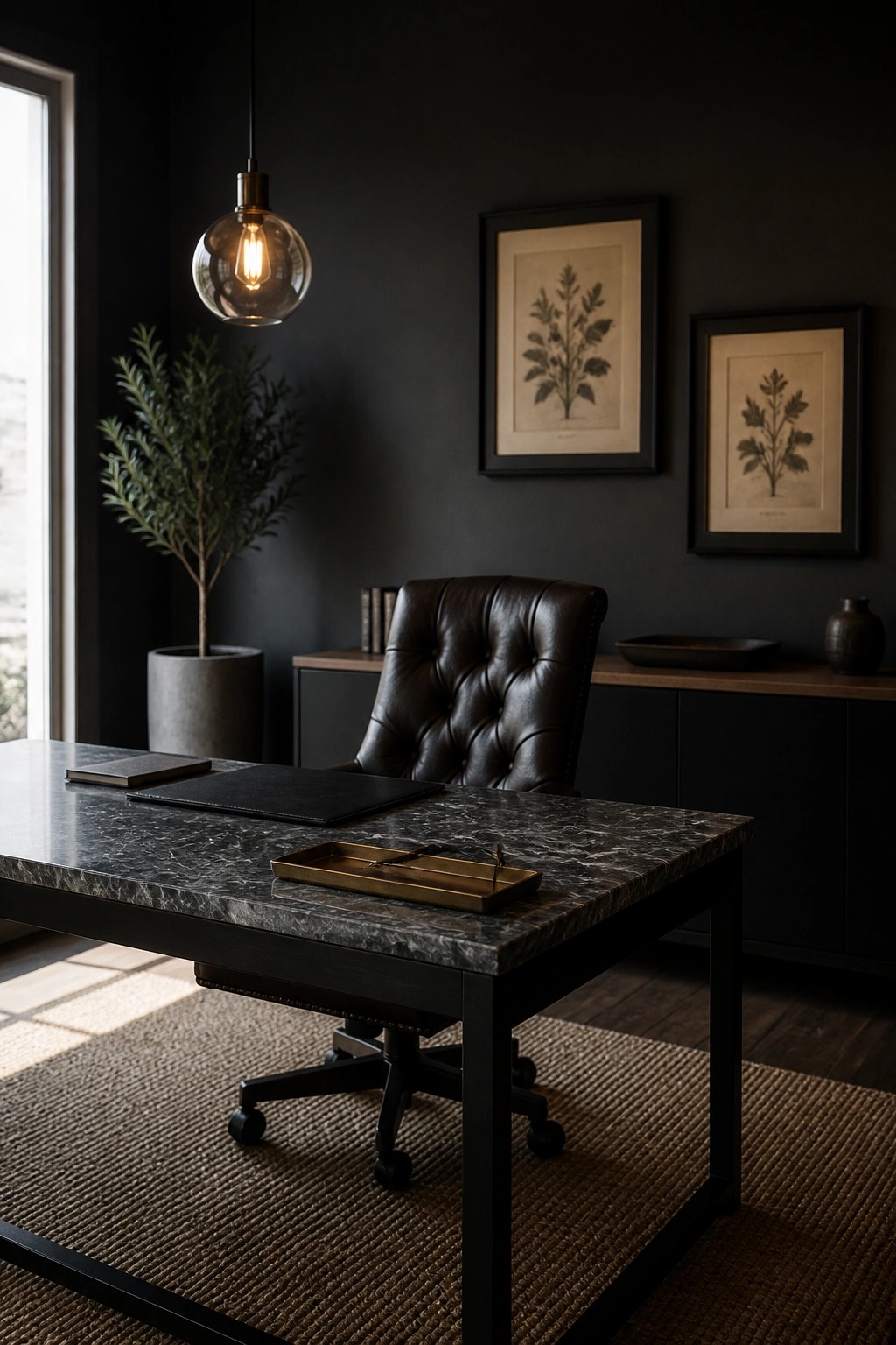A home office with dark walls, a dark marble desk, a brown leather office chair, and two framed botanical prints above a dark cabinet.